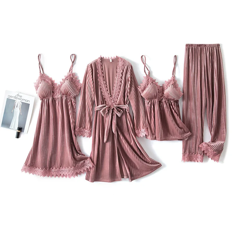 

Velour Robe Women 4PCS Bathrobe PJS Set V-Neck Sleepwear Soft Lounge Wear Casual Pyjamas Lace Nightwear Kimono Gown Suit