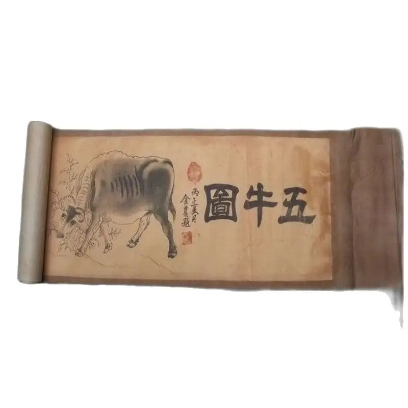 

Chinese Ancient Picture Silk Paper Blades Figure Scroll Painting Five Cattle Chart