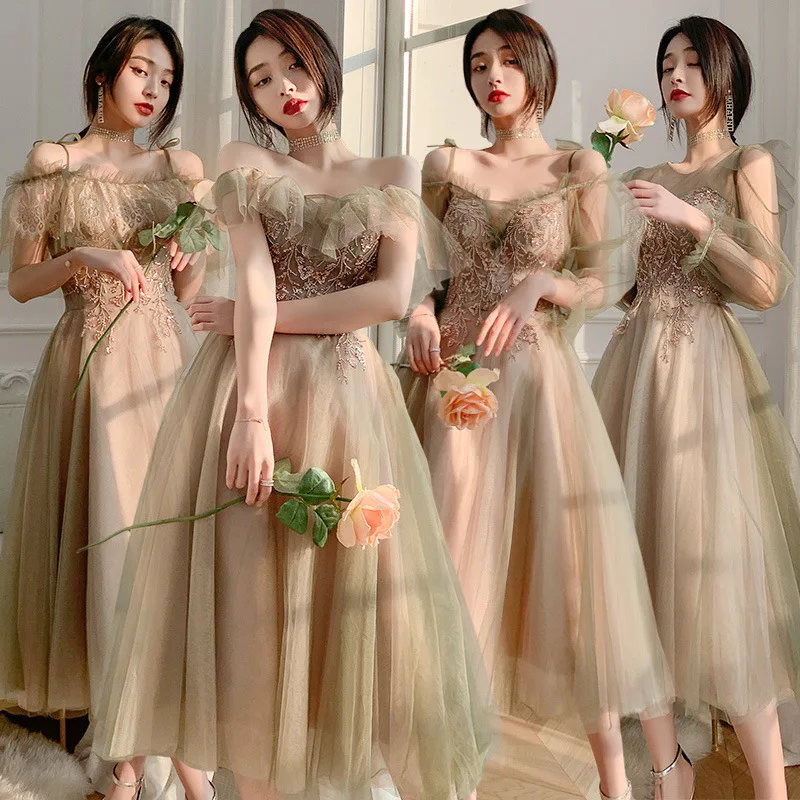 Cheap Tea Length Bridesmaid Dresses Short A Line Tulle Lace Appliques Boho Country Maid Of Honor Wedding Guest Gowns 2020 Stock