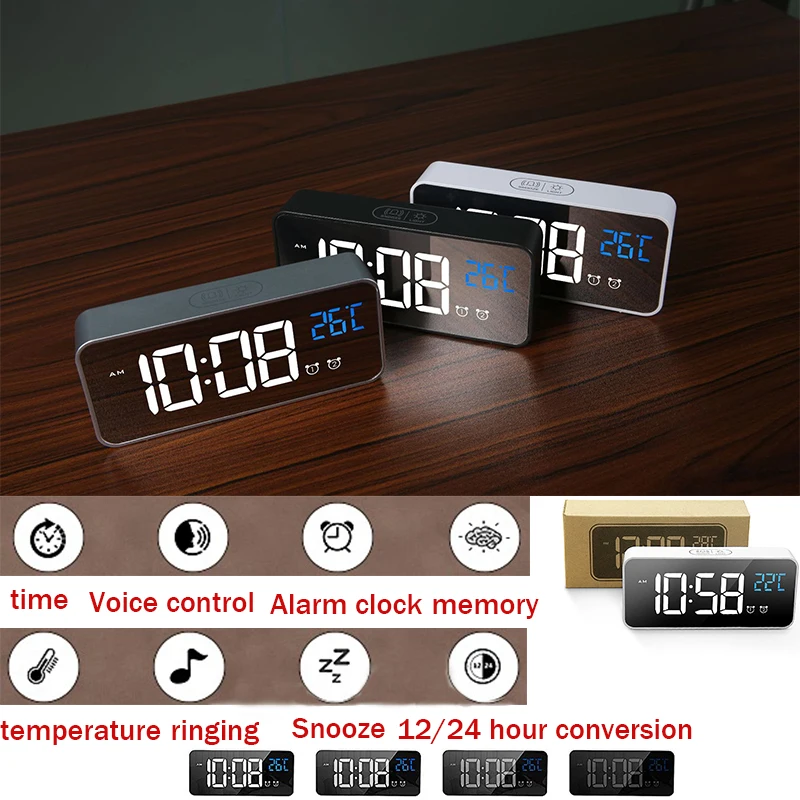 LED Mirror Alarm Clock Voice Control Multi-function Digital Snooze Table Clock Wake Temperature Display Home Decoration Clock