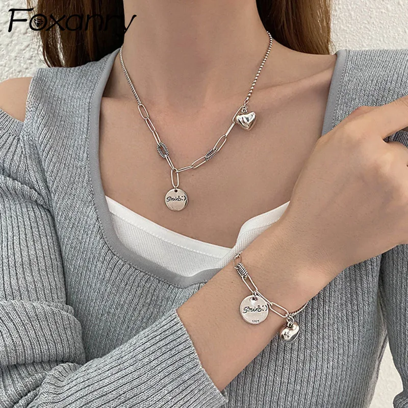 FOXANRY Silver Color Necklace Bracelet Jewelry Set Fashion Hip Hop Vintage Simple LOVE Heart Smile Pendant Party Jewelry