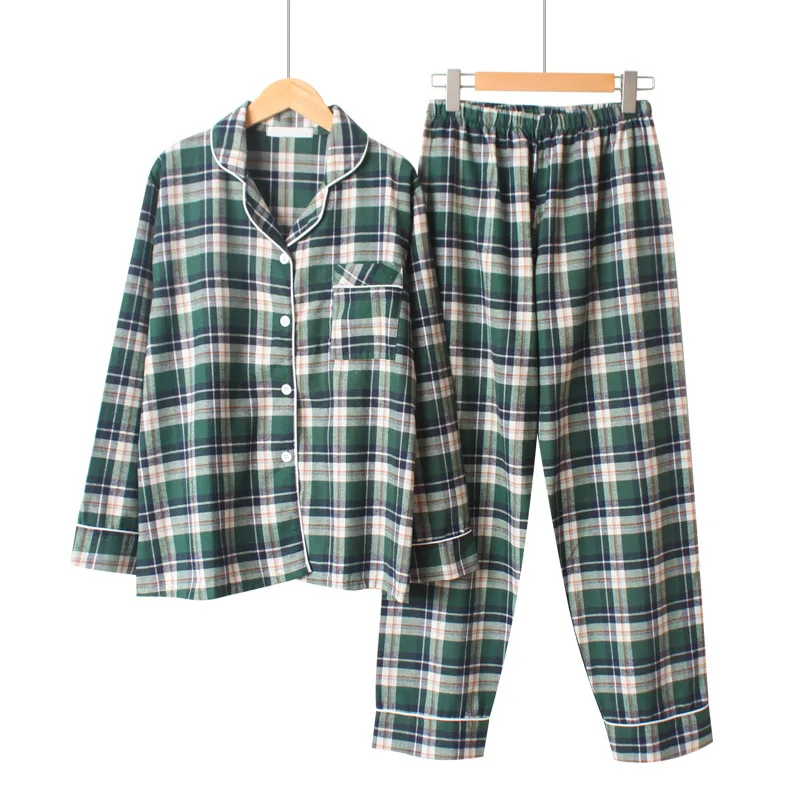 Autumn New Womens Loose Leisure Long Sleeved Pijama Mujer Couple Pajama Set Pure Cotton Plaid Plus Size Sleepwear Pijama Mujer