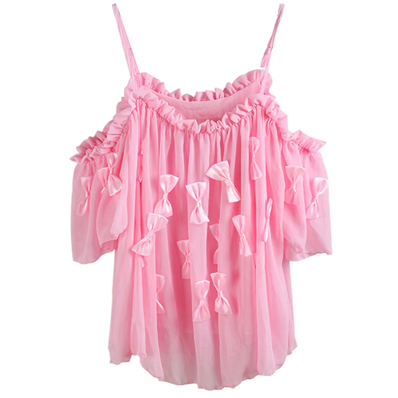 Estate adorabile Kawaii corto volant pieno di fiocco manica corta cinturino abito in Chiffon rosa donna Lolita dolce principessa abiti larghi