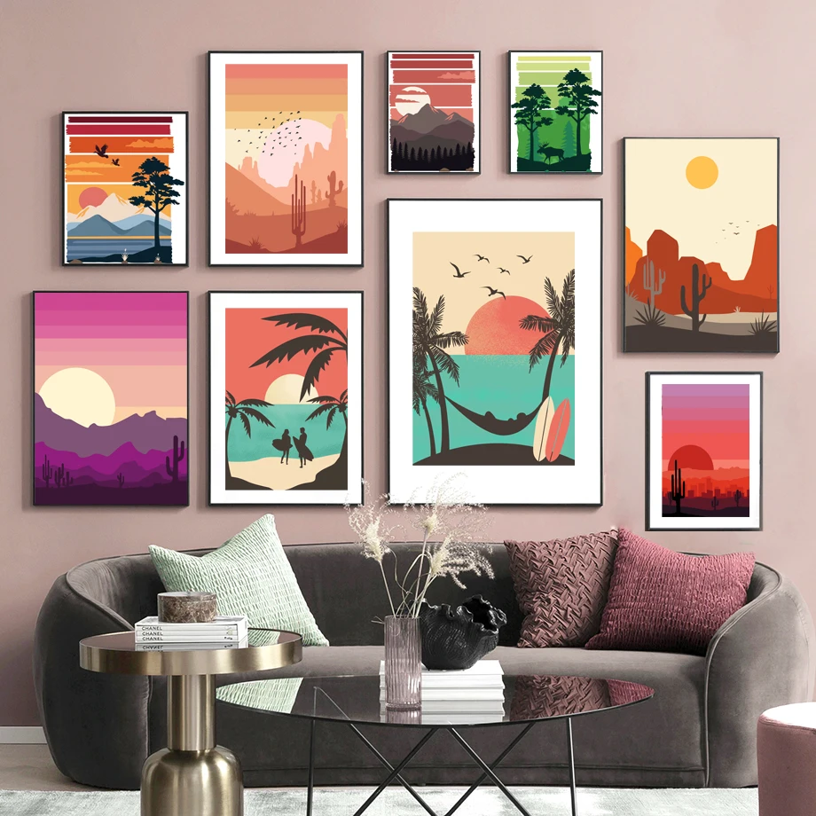 Abstract Mountain Sun Tree Cactus Bird Couple Wall Art Canvas Painting Nordic Poster And Prints Wall Pictures For Living Room