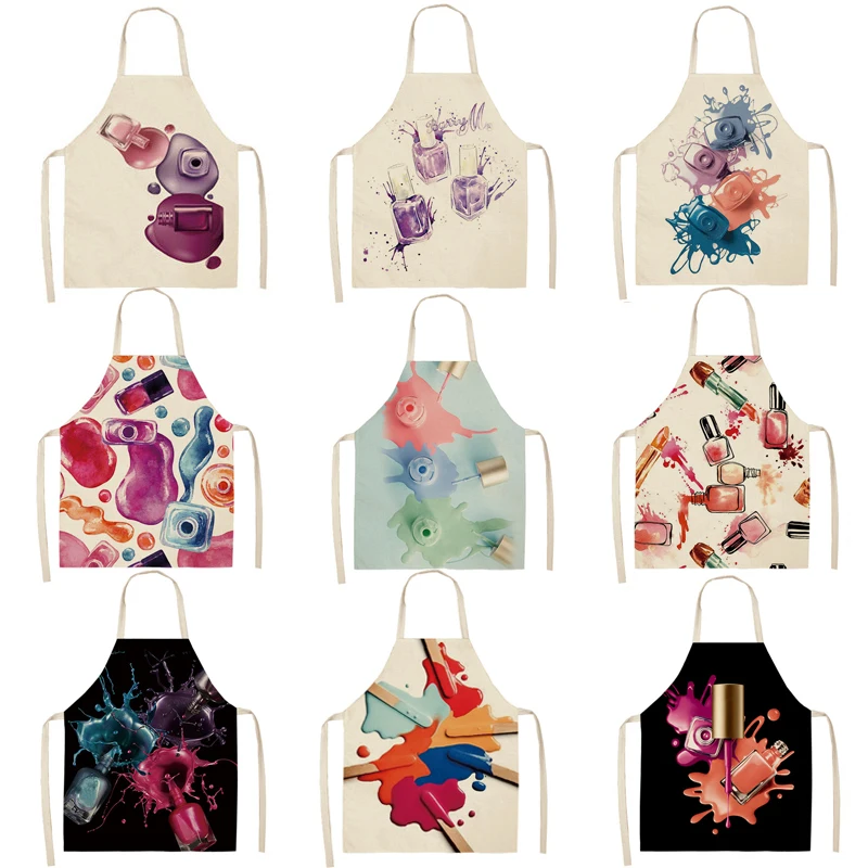 Kitchen Apron Color Nail Polish Bottle Printed Sleeveless Cotton Linen Aprons Men Women Home Cleaning Tools Tablier Fartuchy