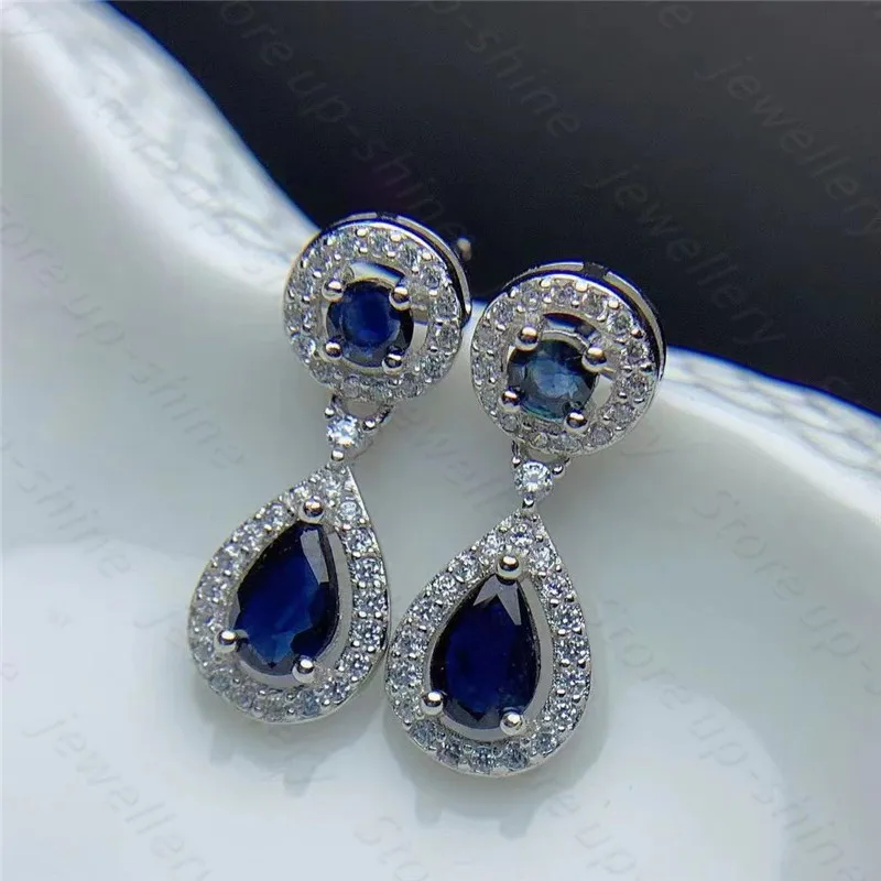 

New 925 silver inlaid natural sapphire earrings, simple and elegant, gem size 3*3mm+4*6mm