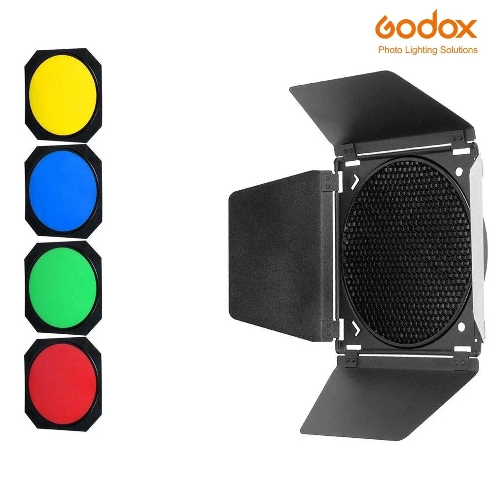 

Godox BD-04 Barn Door with Honeycomb Grid and 4 Color Gel Filters