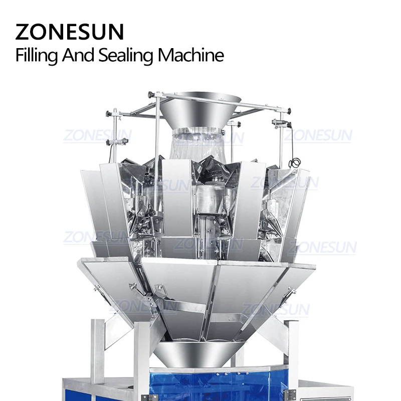 ZONESUN 10 رؤساء التلقائي رقائق الحبيبية البسكويت حقيبة أرز تشكيل وزنها ملء وآلة الختم الخلفي