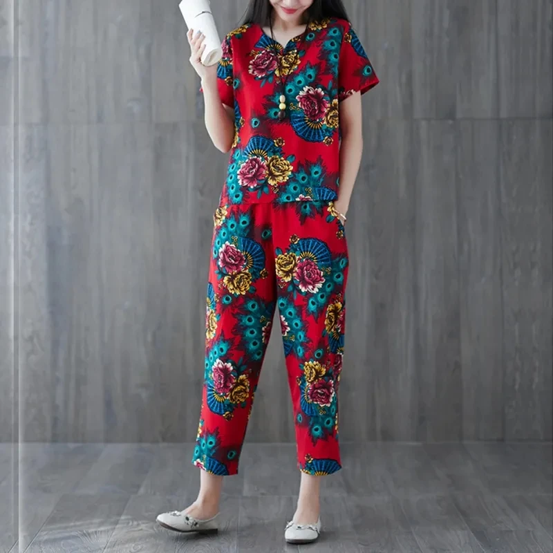 Women's Pants 2 Piece Set Ethnic Style Summer New Female Two Piece Set Middle-aged Female Printing Cotton linen Pants Suit B