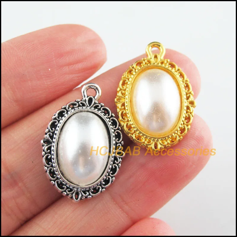 15Pcs Tibetan Silver Tone & Gold Color Retro White Acrylic Oval Flower Charms Pendants 16.5x23mm