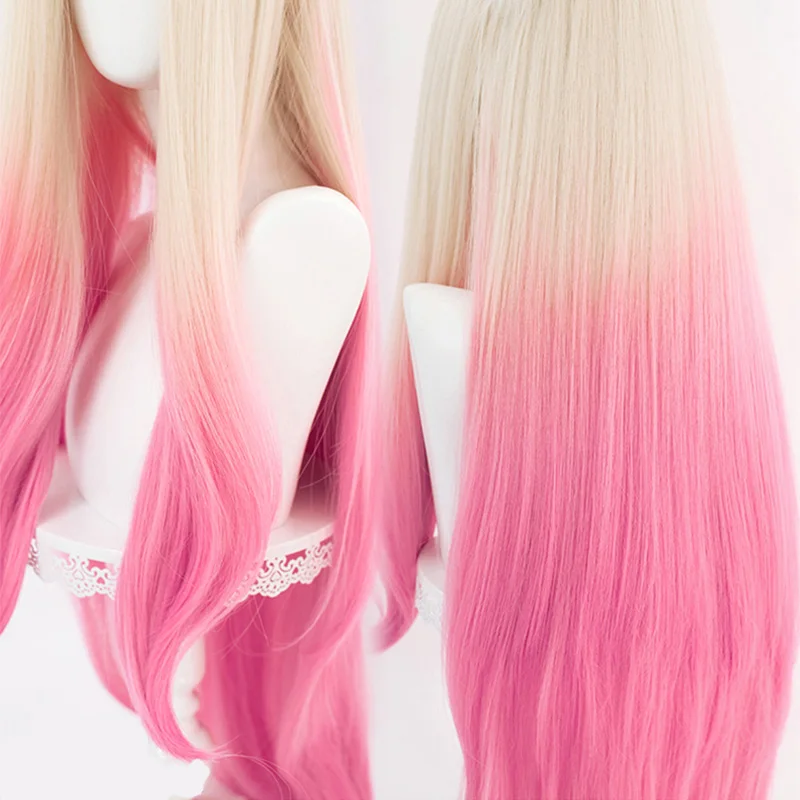 L-email wig Synthetic Hair KDA Baddest Ahri Cosplay Wigs LOL Ahri Cosplay Blonde Mixed Pink Wigs with Ears Heat Resistant Hair