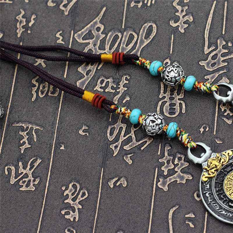 Antique Black Silver Color Eight Trigrams Lanyard KeyChain Tibetan Buddhist Zodiac Woven Rope Pendant Mens Womens Jewelry Gifts