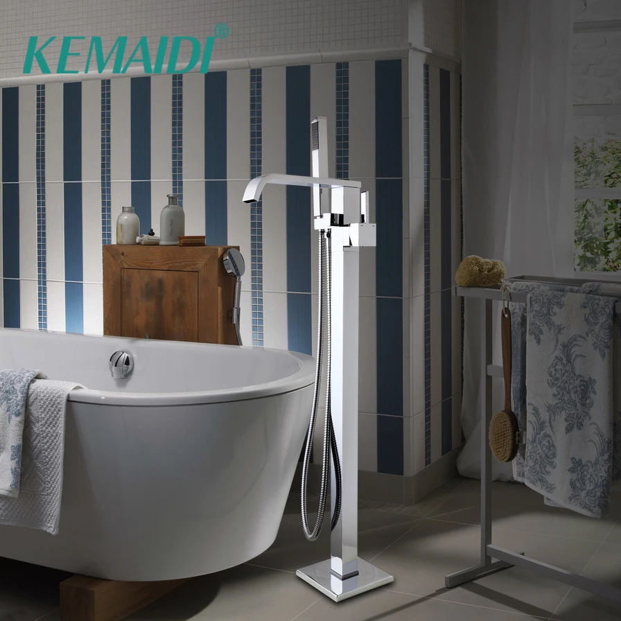 KEMAIDI Bathroom Chrome Polished Floor Stand Faucets Waterfall Bathroom Bathtub Mixers Two Function Brass Shower Sets Faucet