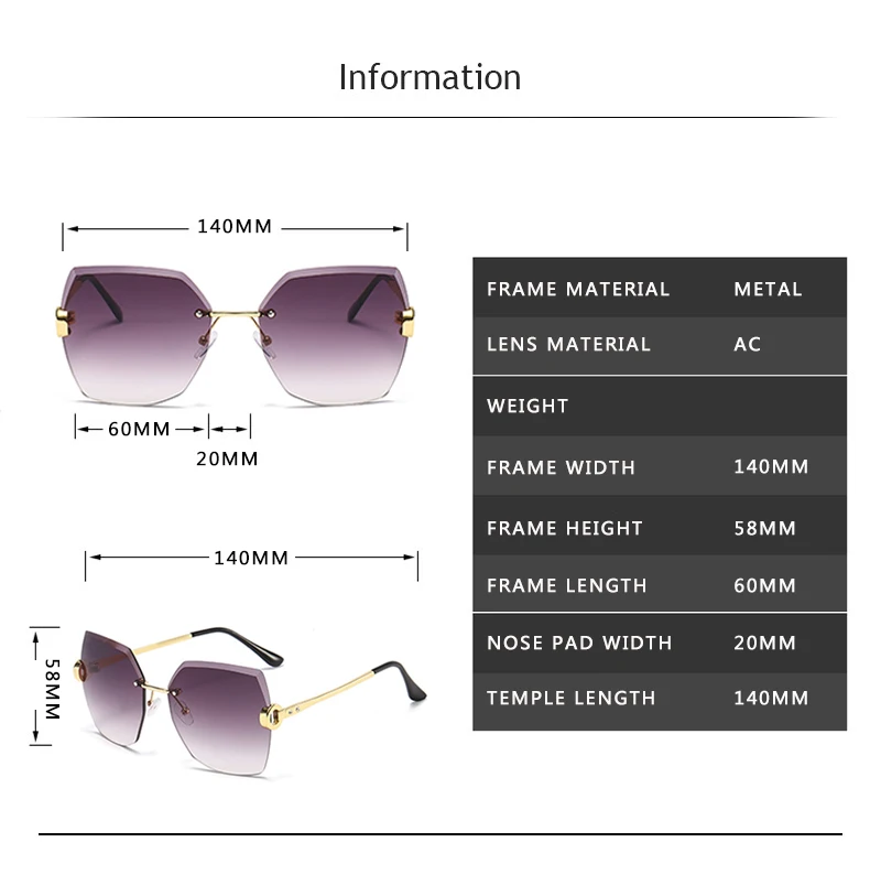 Fashion Oversized Rimless Sunglasses Women Famous Luxury Brand Design Sexy Vintage Lady Summer Style  Sun Glasses