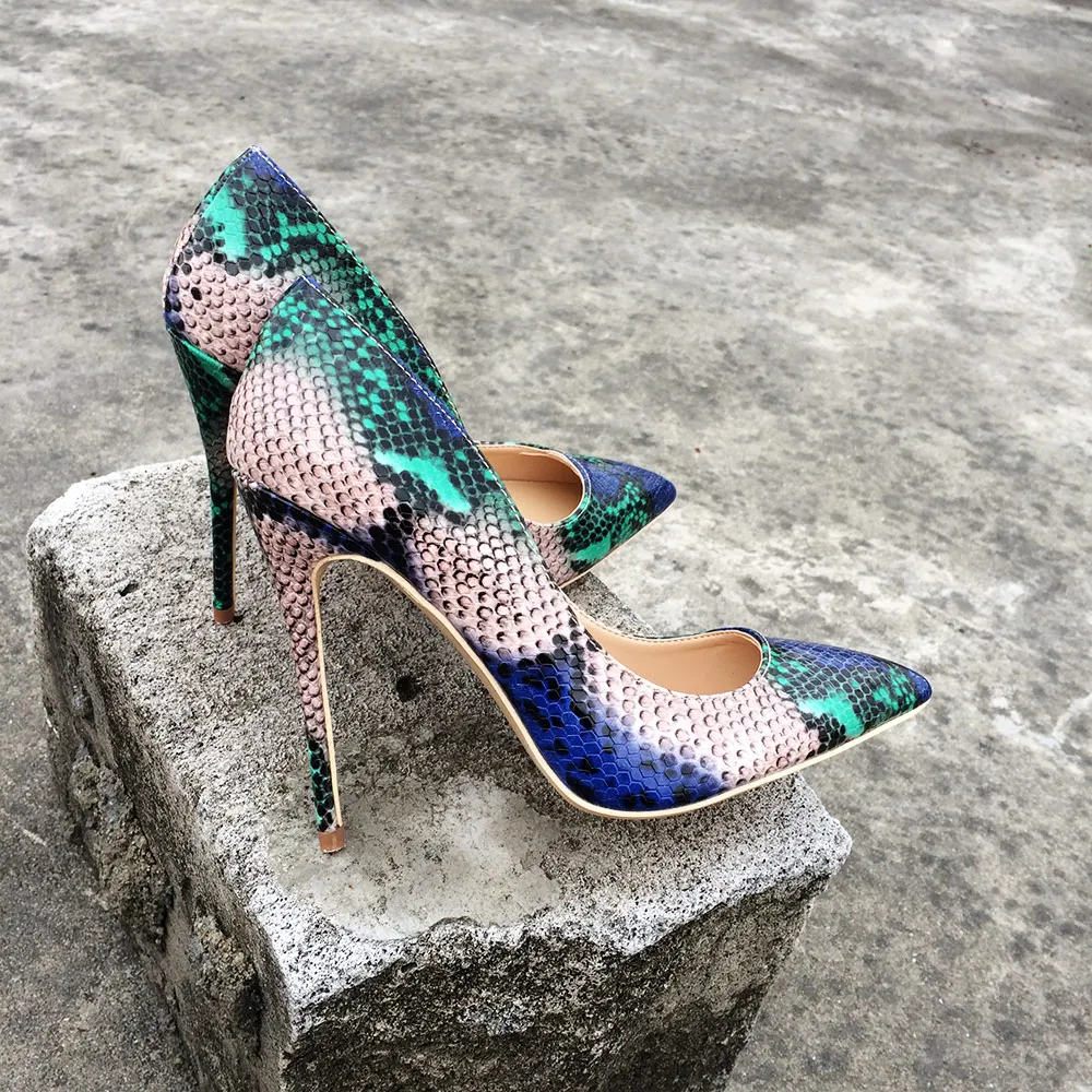 Veowalk Snake Printed Leather Women Sexy High Heels 12/10/8cm Stiletto Fashion Pointed Toe Slip on Pumps Party Shoes for Woman