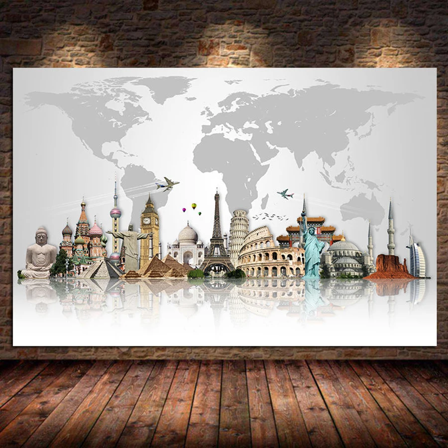 World Map 5D DIY Diamond Painting Famous Building Eiffel Tower,Statue Of Liberty,Big Ben,Diamond Embroidery Mosaic Home Decor