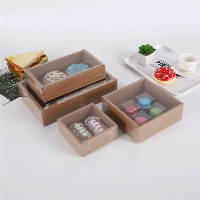 100pcs/lot Retro kraft paper Transparent moon cake egg yolk biscuit pastry box Pvc cover baking packaging box gift box