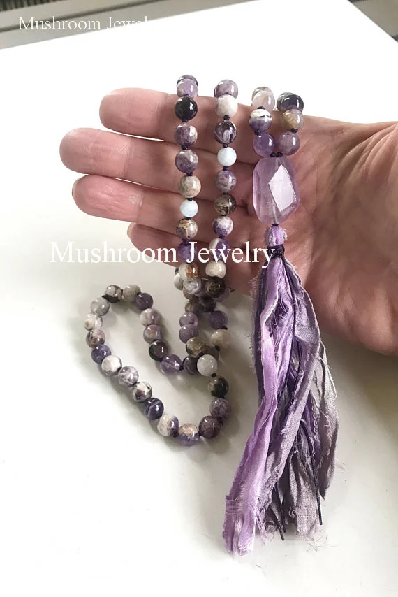 

Long Sari Tassel Necklace Natural Agate Beads Boho Necklace Vintage Necklace 108 Bead Jewelry