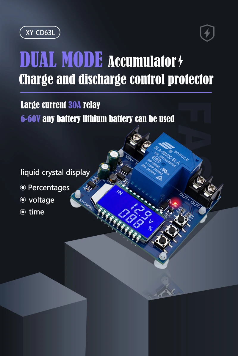 XY-CD63L 30a Batterie lades teuerung modul voll ausschalten dc Spannungs schutz unter Spannungs verlust schutz 6-60v – Detail 3