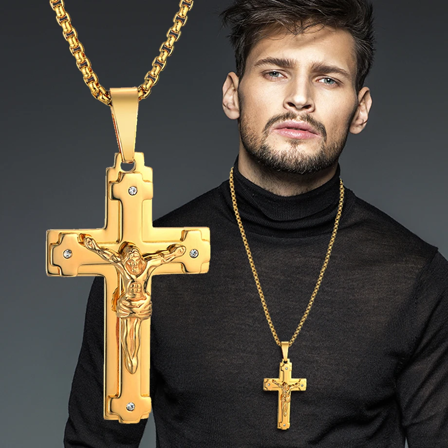 Gold Color Christian Stainless Steel Pendant Necklace for Men Women Fashion Jewelry Crucifix Jesus Cross Chain