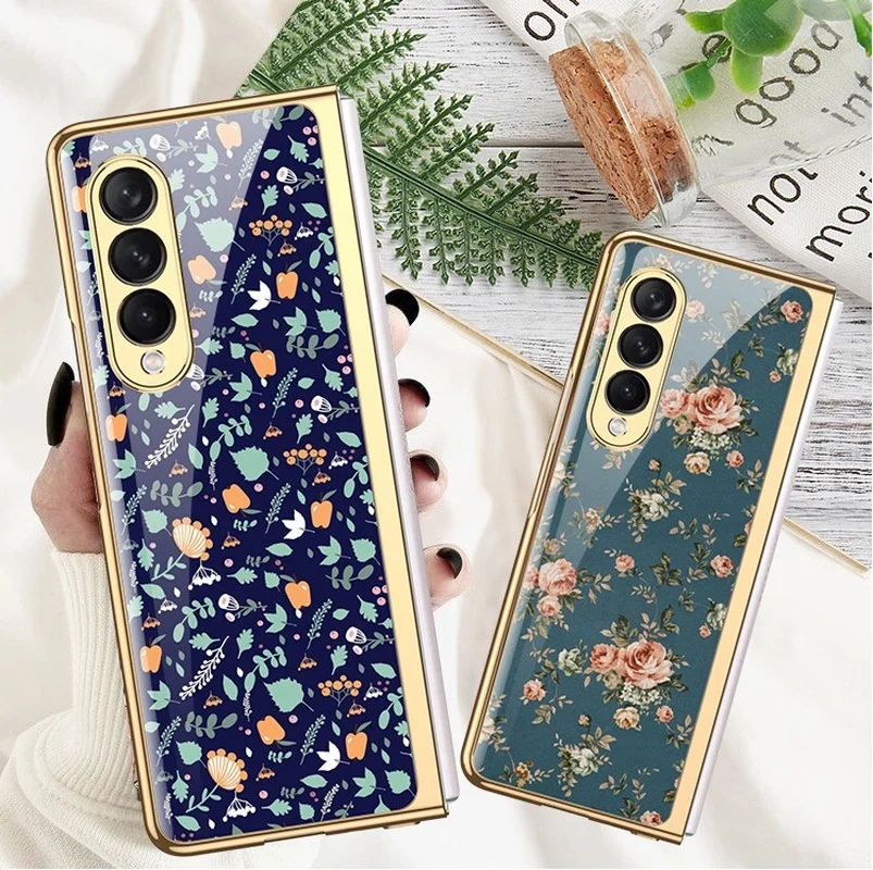 Vintage Floral Phone Case for Samsung Galaxy Z Fold 3 Cover Luxury Plating Shockproof Shell for Samsung Z Fold 3 Case