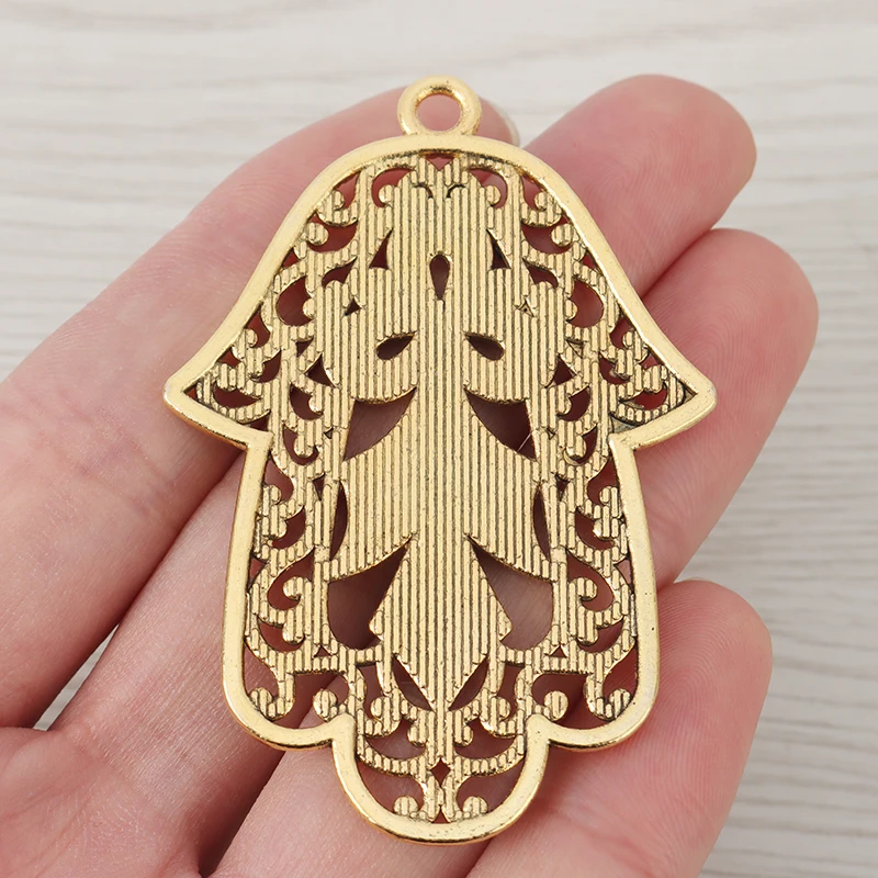 2 x Tibetan Silver/Gold Color Large Hamsa Hand Charms Pendants for DIY Necklace Jewelry Making Findings Accessories 65x45mm