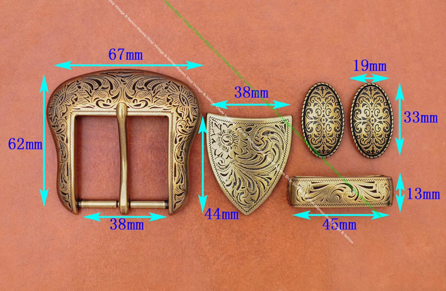 Brass Plated  Western Cowboy Rodeo Flower Craved Men Leathercraft Accessories Belt Buckle 5 Pieces Set Unisex Fits 1 1/2