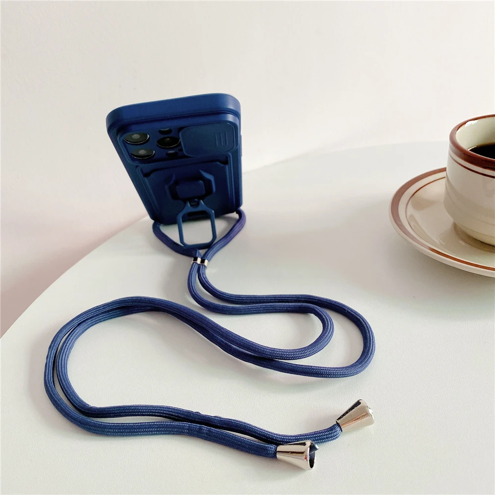 Crossbody Lanyard Silicone Ring Holder Card Wallet Case For iPhone 17 16 15 13 11 12 14 Pro Max XS XR 8 Plus Slide Camera Cover