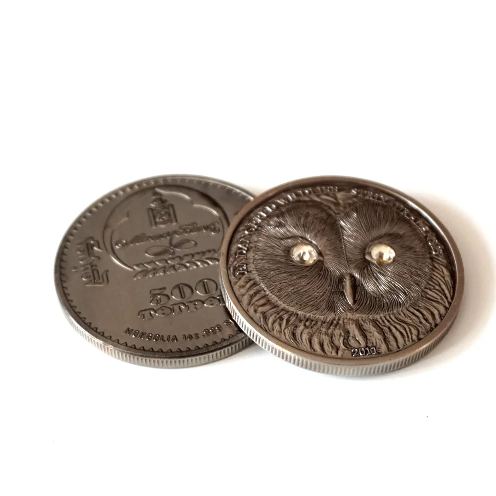 Promotion 500 Togrog Mongolia Coins Mongolia Strix Uralensis LONG EARED HEDGEHOG Wildlife Protection Antique Silver Coin