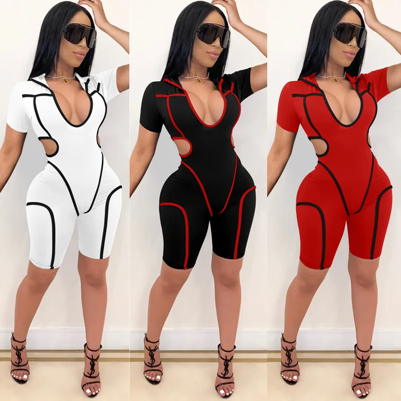 

Wantmove Women Sexy Jumpsuits Summer V-Neck Waist Hollow Out Stripe Splice Shorts Slim Casual Romper AM707