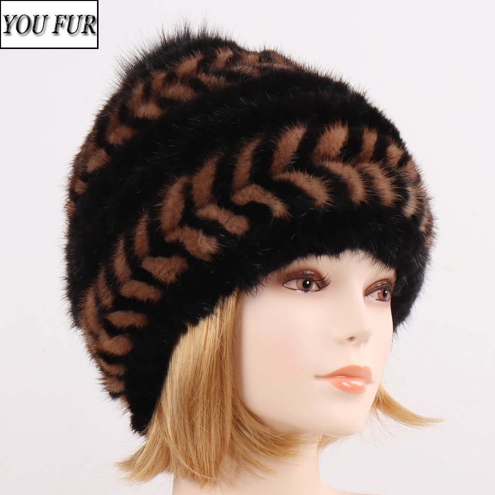 

New Women Hand Knitted Winter Oudoor Warm Real Mink Fur Hat 100% Natural Mink Fur Cap And Fox Fur Pompoms Lady Real Mink Fur Hat