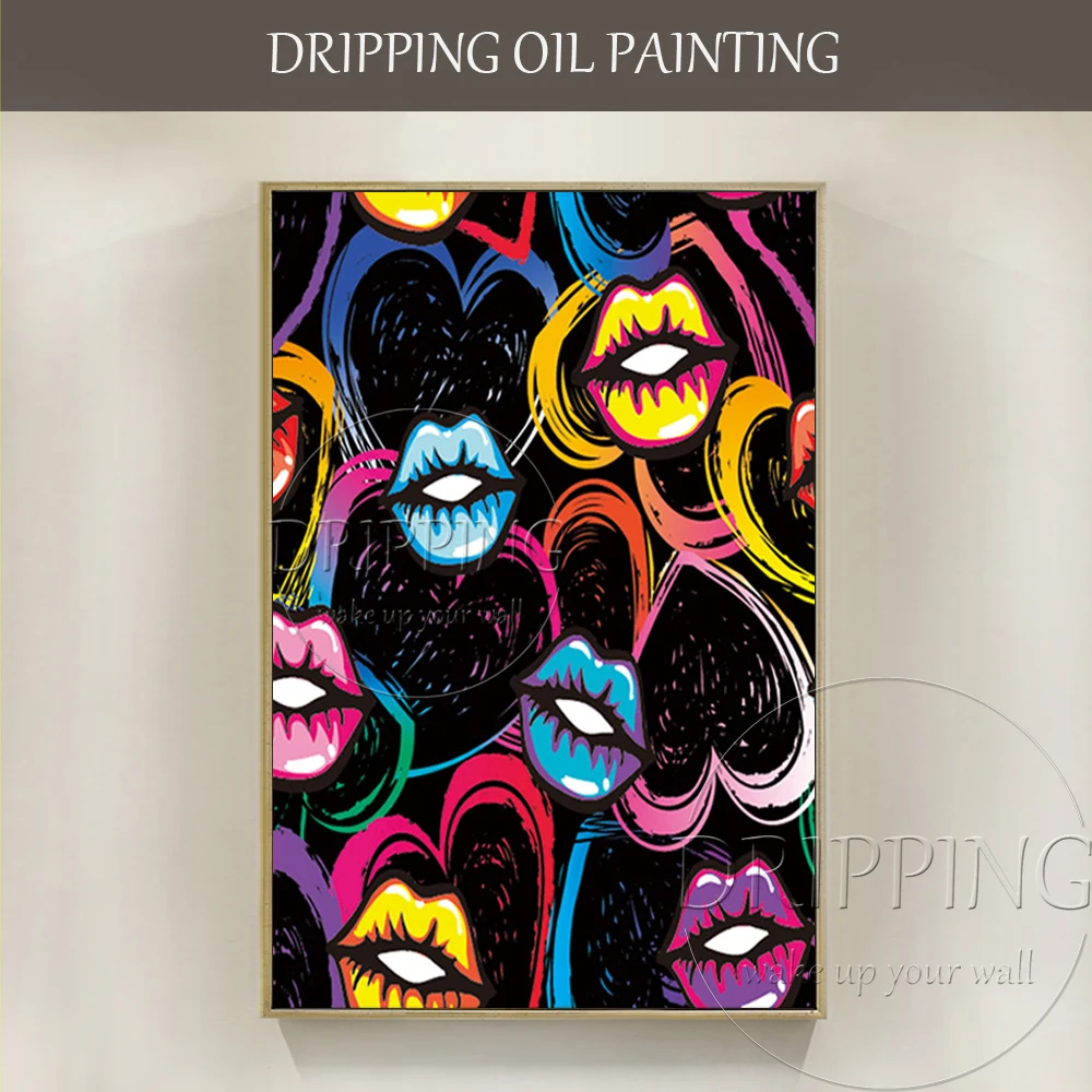 Excellent Artist Hand-painted High Quality Pop Fine Art Lips And Hearts Oil Painting on Canvas Fine Art Lips And Hearts Painting