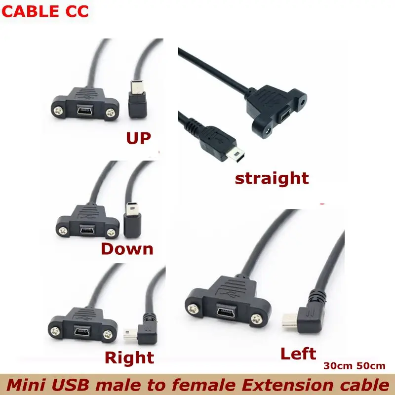 Mini USB up, down, left and right elbow Mini USB B 5-pin 2.0 male to female extension cable 0.3m 0.5m with panel mounting holes