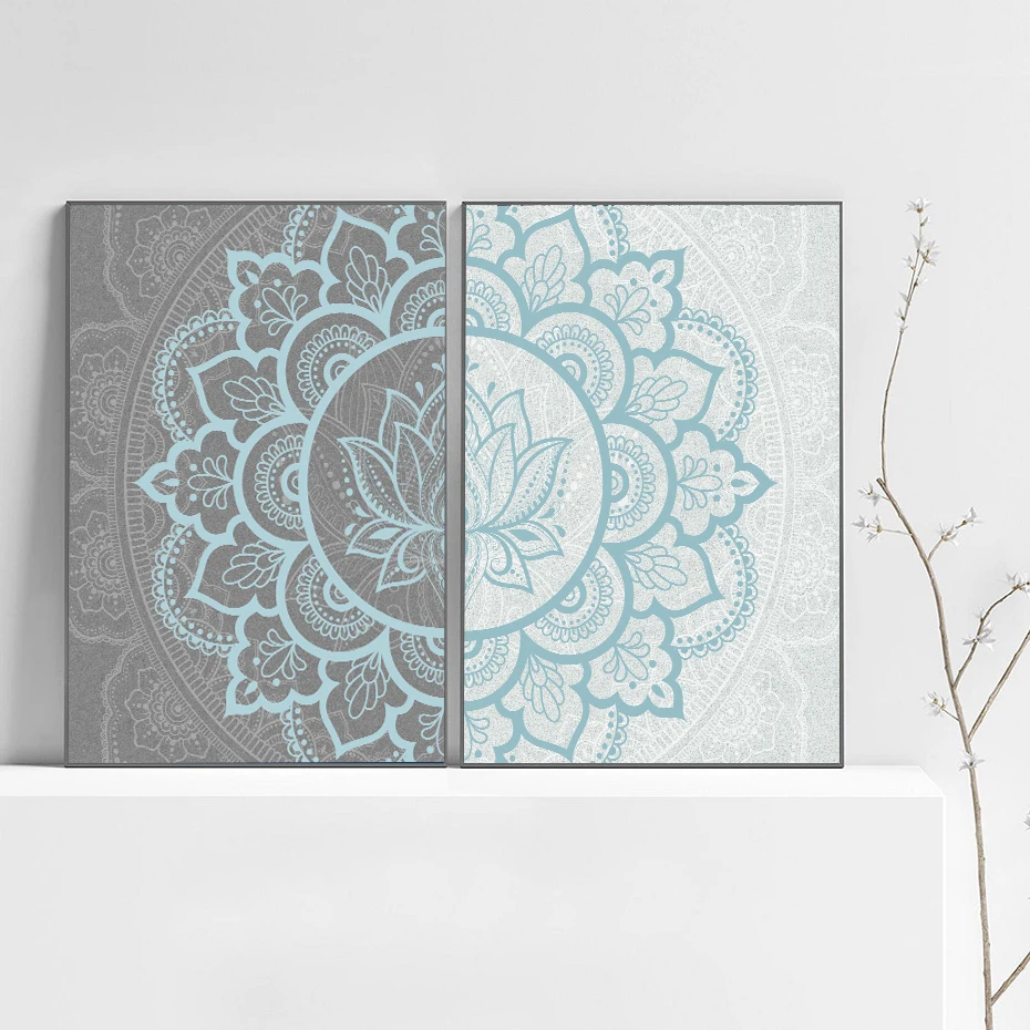 Biru Abu-abu Mandala Kanvas Lukisan Poster Boho Pola Bunga Zen Dinding Seni Cetak Netral Diredam Yoga Dekorasi untuk Ruang Tamu