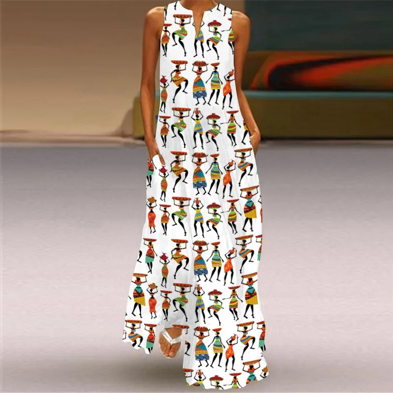 Fashion Boho Sleeveless Loose Maxi Dress Women Party Luxury Elegant Sexy Beach Robe Oil Painting Style Printed Long Dresses