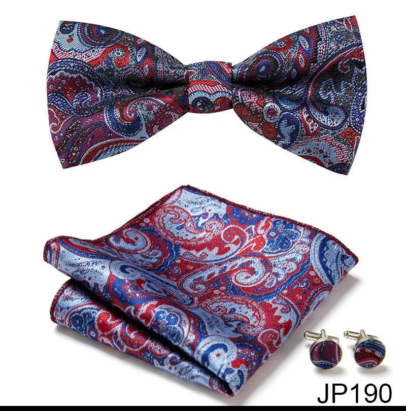 Great Quality Silver Office Butterfly Hanky Cufflink Set Bowtie For Men Geometric Hombre Formal Clothing