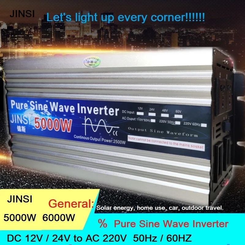 Inverter 12V 24V 220V 5000W 6000W  Voltage transformer Pure Sine Wave Power Inverter DC12V to AC 220V Car Converter LED Display