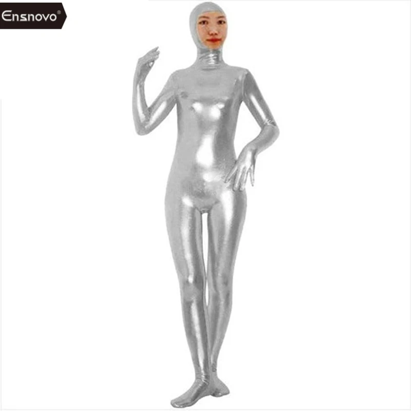 Ensnovo mulheres elastano corpo inteiro aberto rosto zentai ternos brilhante metálico bodysuit personalizado pele terno traje de halloween