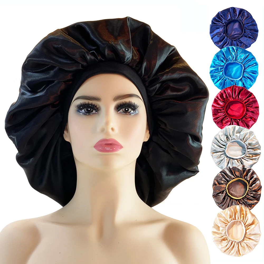 Luxo Jumbo cetim Bonnet Cap, banda elástica larga, noite Hair Care Cover, tamanho grande