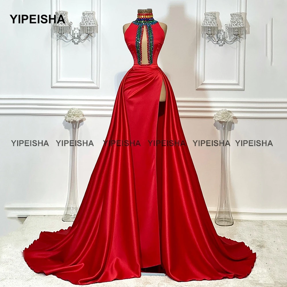 Yipeisha Fashion Hoge Kraag Rode Prom Jurken Hoge Split Avondjurk Lange A Line Satin Pageant Party Jurk Vestido De festa