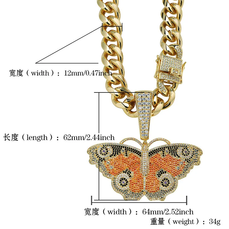 Hip Hop AAA CZ Stone Paved Bling Ice Out Butterfly Pendants Necklace for Men Rapper Jewelry with 12mm 18inch Cuban Chain