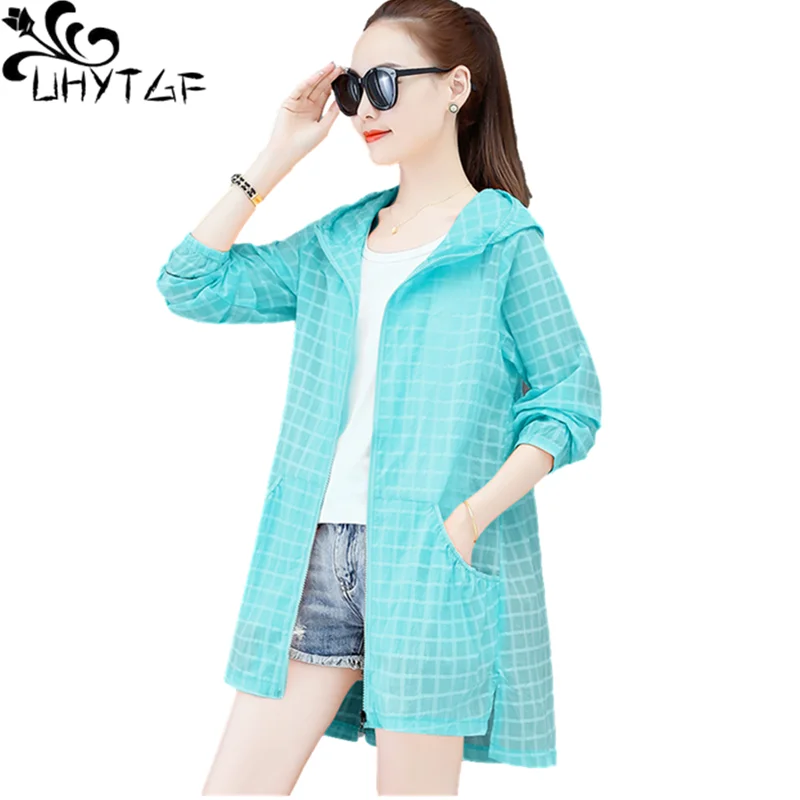 UHYTGF Summer Jacket Womens Long-Sleeved Hooded Thin Sun Protection Clothing Lattice Tops Outdoor Breathable Big Size Coat 1323