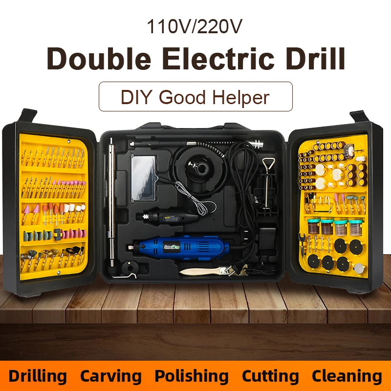 110V/220V Double Mini Drill Rotary Tool Set 0.3-3.2mm Universal Chuck With Dremel Accessorie Power Tools Mini Drill 130W