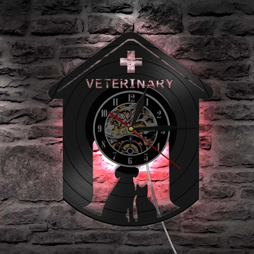 Veterinary Care Dogs Cats Vinyl Record Wall Clock Modern Design Animal Health Services Wall Art Decor LED Ligthing Wall Lamp