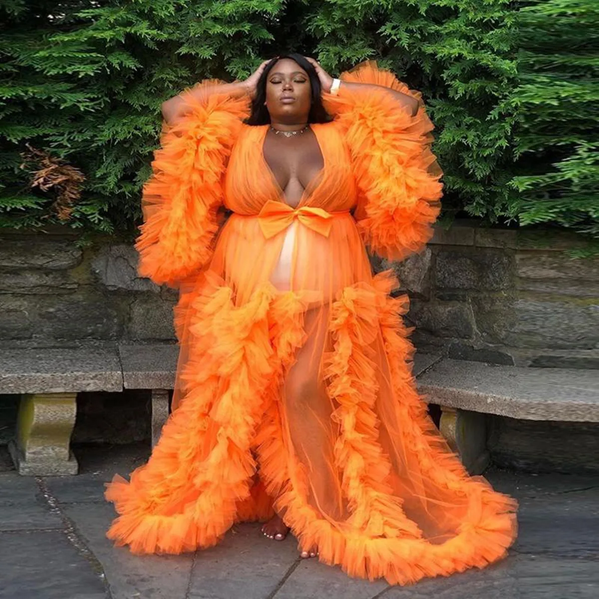 

Plus Size Ruffles Evening Dress 2021 Full Sleeves Women Pregnant Party robe de soiree Orange Maternity Photoshoot Gowns