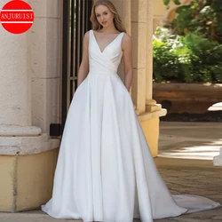 Simple Satin Wedding Dress A-Line V-Neck Backless Button Pleat Sweep Train Bride Gown With Pockets Custom Made 2022