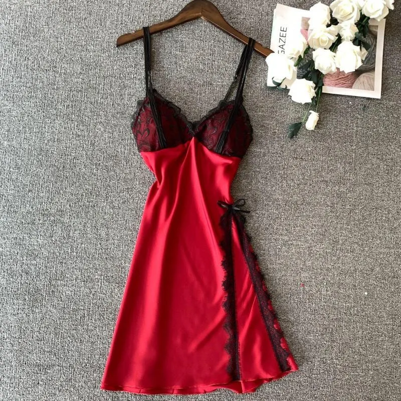 Summer Mini Nightgown Women Lace Sleep Dress Sexy V-neck Sleepwear Satin Silky Nightdress Female Spaghetti Strap Sleepwear