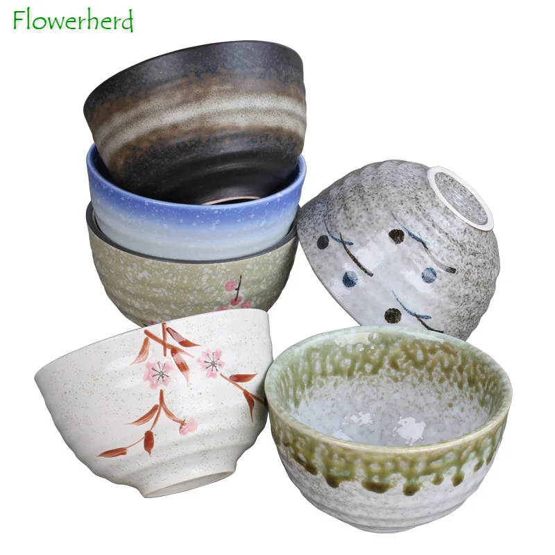4.5 Inch Japanese and Korean Style Ceramic Bowl Ring Pattern Rice Bowl Japanese Matcha Bowl Dessert Bowl Soup Bowl Ramen Bowl