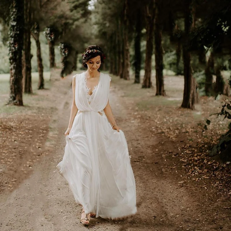 Vestido de novia plisado de gasa con apliques, estilo bohemio campestre, con ilusión de línea A, Espalda descubierta, tul, largo hasta el suelo