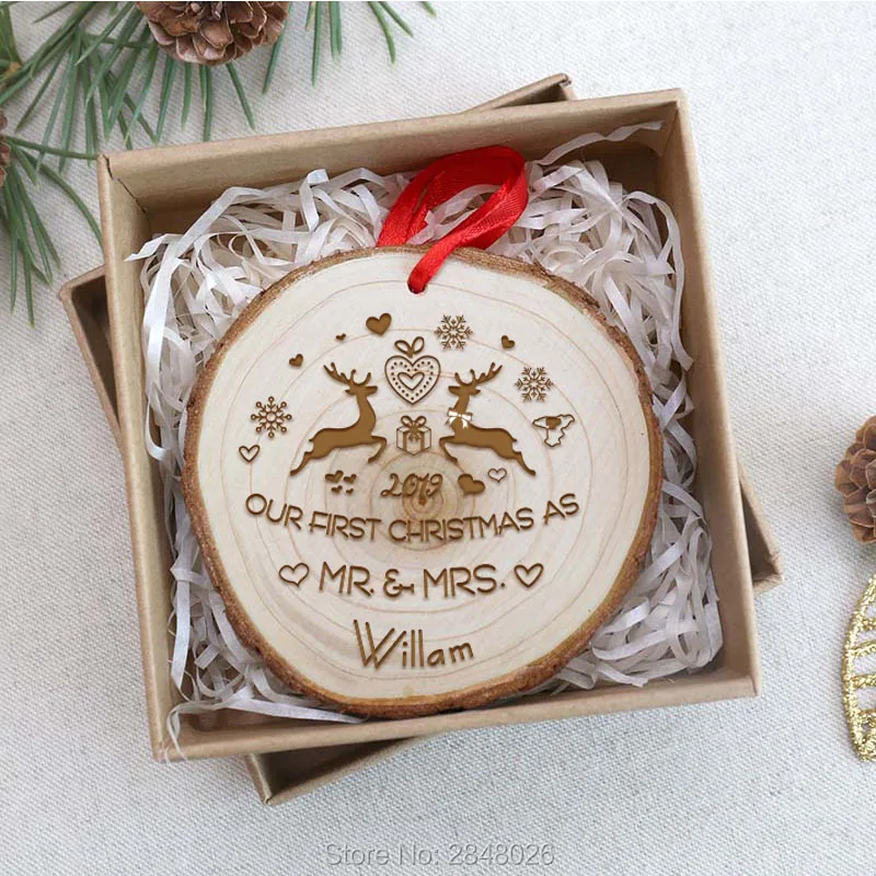 Custom wooden slices first Christmas Ornament,Personalized engraved Christmas Ornament,Custom Rustic Deer Ornament Ball